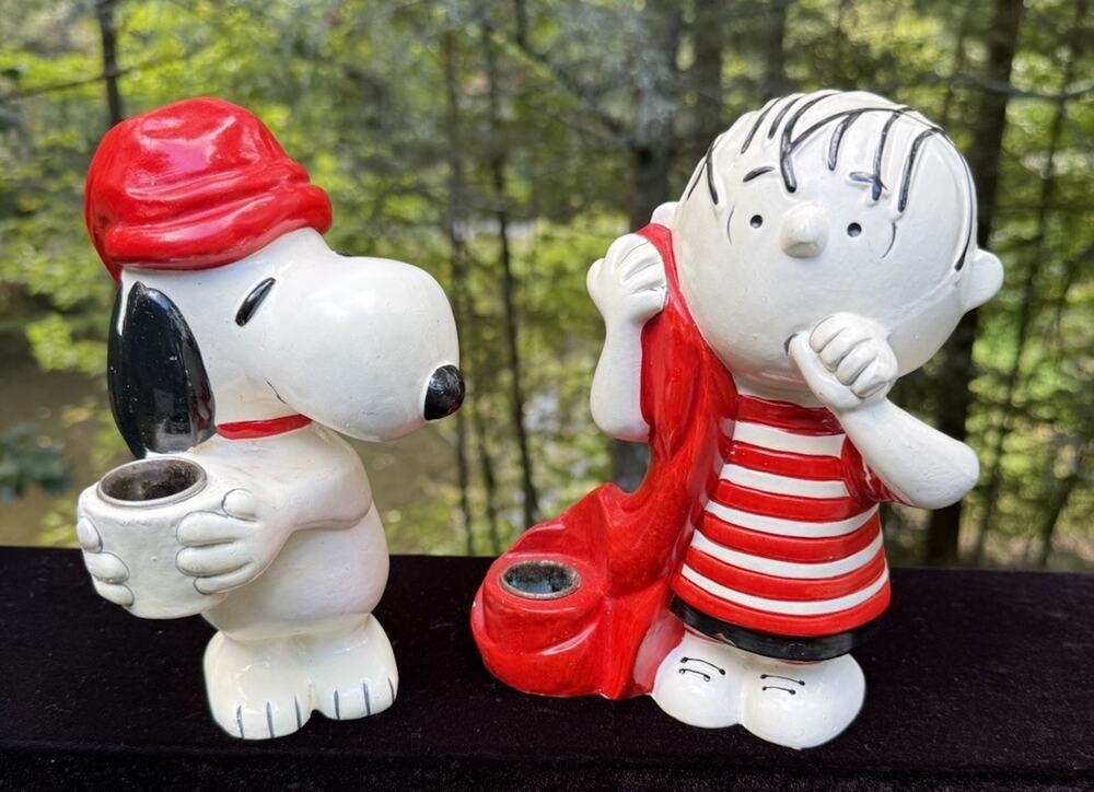 Hallmark Snoopy Linus Candle Holders Red Nightcap Hat Blanket Vintage 7.5” Tall